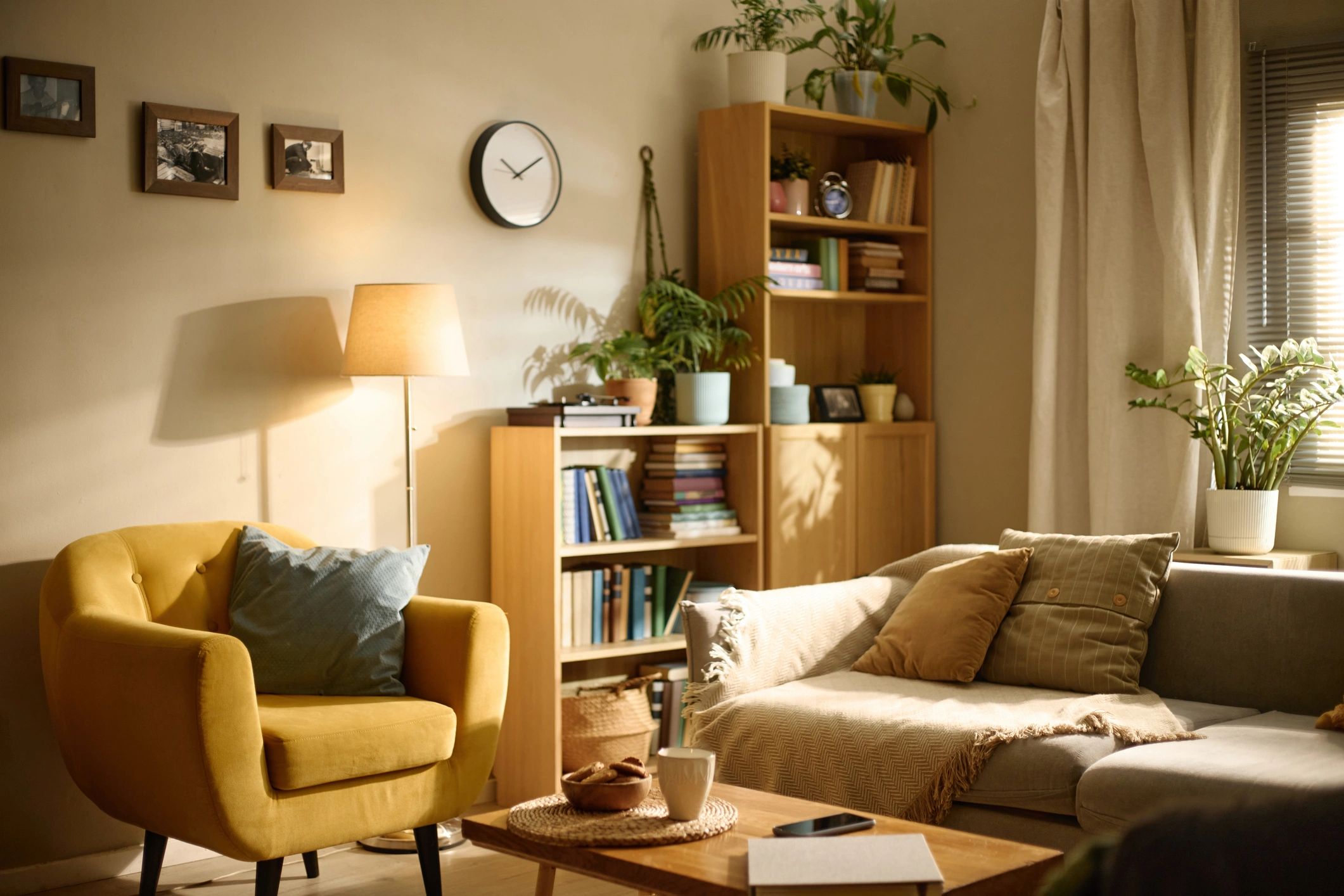 Interior sereno y contemporáneo con librero, plantas y luz natural